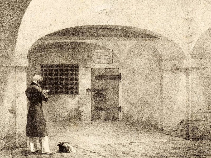 Person in front of a prison cell in the Casse prison, Ferrara, around 1850, Italy, authentic, digitally restored reproduction from a 19th century model, exact date of depiction unknown, historical