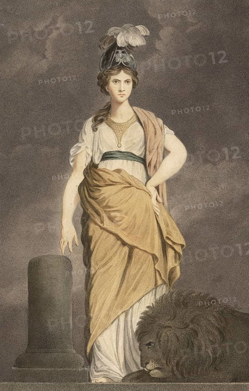 The virtues: bravery, strength. Allegorical female figure, a lion lying at her feet is a traditional attribute of strength and alertness, woman wearing a helmet with feather decoration, authentic, digitally restored reproduction from a 19th century model, exact date of depiction unknown, historical