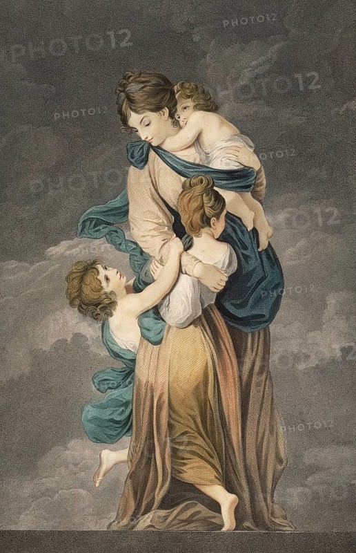 The virtues: Charity, a mother and her children, woman who is lovingly embraced by three children, authentic, digitally restored reproduction from a 19th century model, exact date of presentation unknown, historical