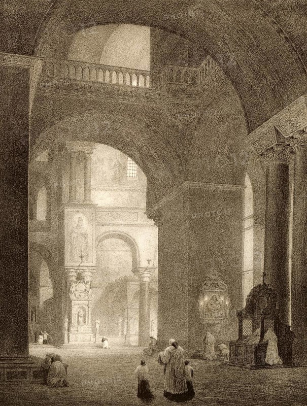 San Martino Church, St. Martin, in the Sestiere Castello in Venice. The interior is characterized by its historical structure and works of art that represent the typical Venetian style, around 1850, Italy, authentic, digitally restored reproduction from a 19th century model, exact date of presentation unknown, historical