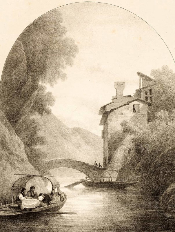 Nesso Bridge, Ponte della Civera, sights on Lake Como. This historic stone bridge in Romanesque style straddles the spectacular Orrido di Nesso gorge, around 1830, Como, Italy, authentic, digitally restored reproduction from a 19th-century model, exact date of depiction unknown, historical