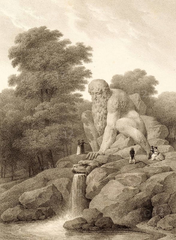 Colossus of Apennines, Il Colosso dell'Appennino, monumental sculpture in the Parco Mediceo di Pratolino, Villa Demidoff, north of Florence in the municipality of Vaglia, around 1860, Italy, authentic, digitally restored reproduction from a 19th century original, exact date of depiction unknown, historical