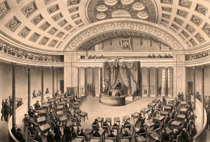 Senate Chamber, meeting room of the US Senate at the Capitol in Washington, D.C, around 1860, America, authentic, digitally restored reproduction from a 19th-century model, exact date of presentation unknown, historical