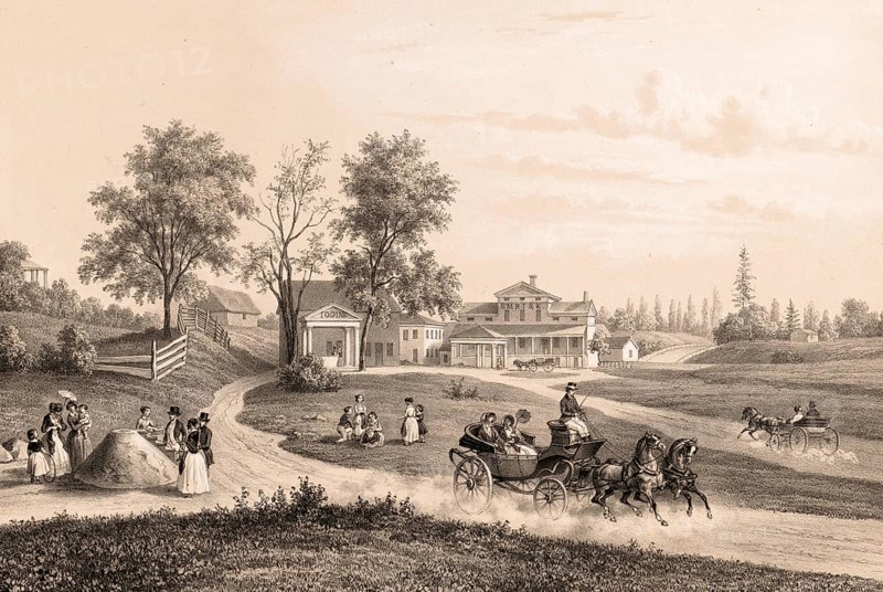 High Rock Sprin, Highrock Iodine, and the Empire Spring, historically significant mineral springs, around 1860, in Saratoga Springs, New York, America, authentic, digitally restored reproduction from a 19th-century original, exact date of presentation unknown, historical