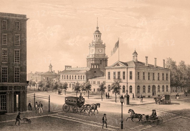 State House in Philadelphia, Independence Hall, Independence Hall. Originally built as a Pennsylvania State House, it is the historic site where the Declaration of Independence was signed in 1776 and the Constitution of the USA in 1787, 1860, America, authentic, digitally restored reproduction from a 19th-century model, exact date of presentation unknown, historical