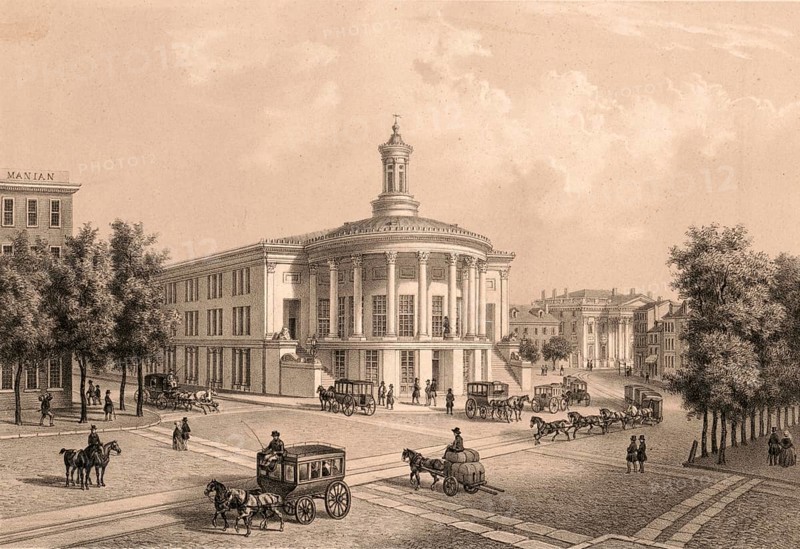 Merchants' Exchange Building in Philadelphia is a historic building in Independence National Historical Park, 1860, America, authentic, digitally restored reproduction from a 19th century original, exact date of depiction unknown, historic