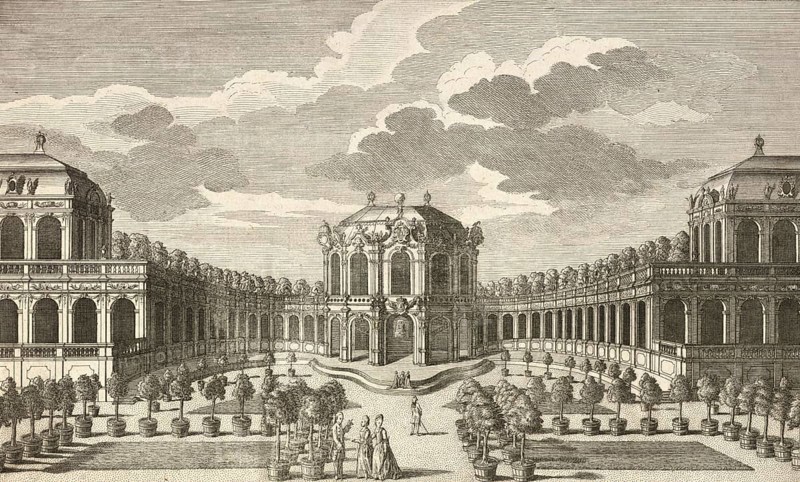 Lustschloss und Kurfürstlicher Zwinger in Dresden, around 1850, Germany, authentic, digitally restored reproduction from a 19th century model, exact date of depiction unknown, historical