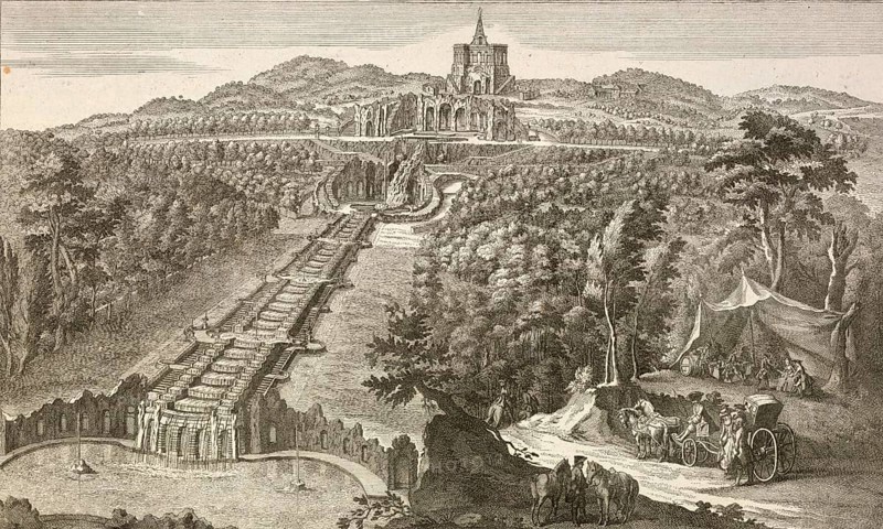 View of Karlsberg and the famous caves and waterfalls near Kassel, around 1850, Germany, authentic, digitally restored reproduction from a 19th century model, exact date of depiction unknown, historical