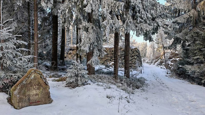 A snow-covered forest trail leads past an old structured ruin at Brauchrangenbruch, surrounded by large trees, Fichtelgebirge