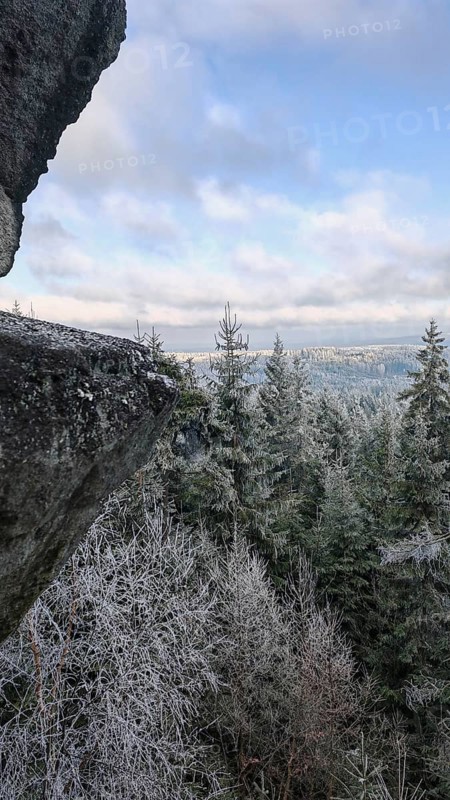 A large rock above a snowy landscape surrounded by fir trees with a cloudy sky in the background, Fichtelgebirge