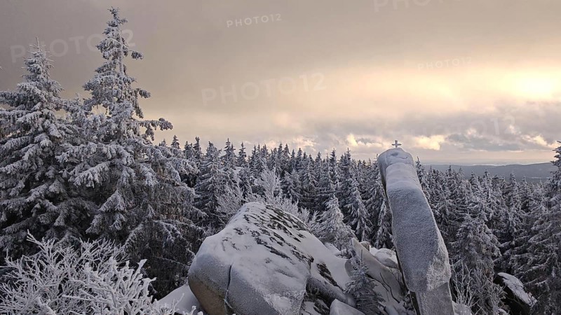 Snow-covered landscape with rocks and trees (picea) in the light of dawn under a cloudy sky, Fichtelgebirge