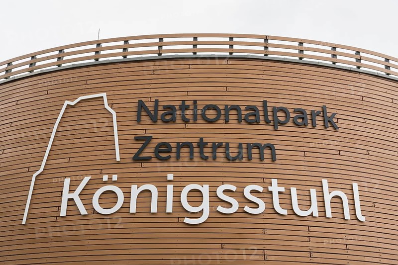 Font and logo on the façade of the Königsstuhl National Park Center, exhibition and museum, Jasmund National Park, Sassnitz, Rügen island, Baltic Sea, Mecklenburg-Western Pomerania, Germany