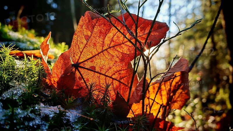 Detailed view of autumn leaves in bright red being illuminated by sunbeams in a forest, Frankenwald nature park Park, Germany