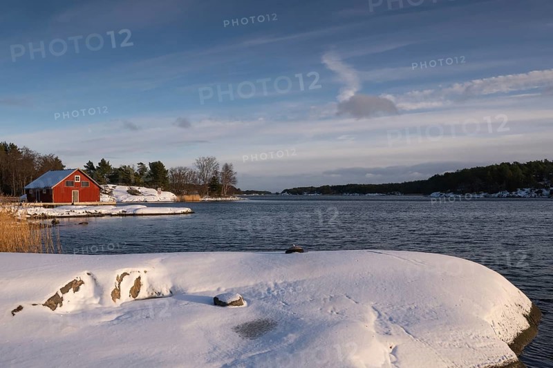Boathouse, snowy archipelago landscape, sea, Korpoström, Korpo or Korppo, southwestern archipelago, Finland