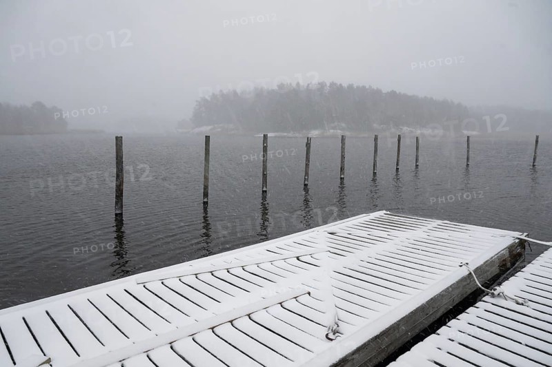 Snowy footbridge, fresh snowfall, blowing snow, Korpo or Korppo, southwestern archipelago, Finland