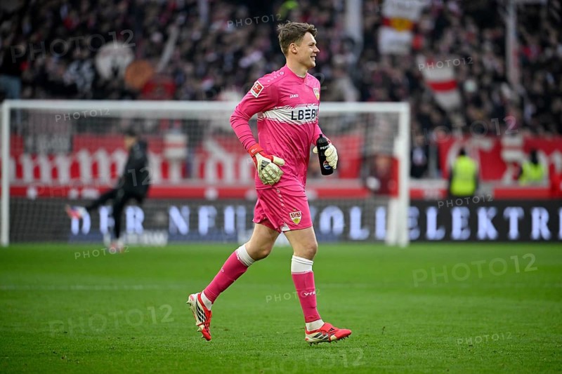 Goalkeeper Alexander Nuebel VfB Stuttgart (33) smiles Football Bundesliga, MHPArena, MHP Arena Stuttgart, Baden-Württemberg, Germany