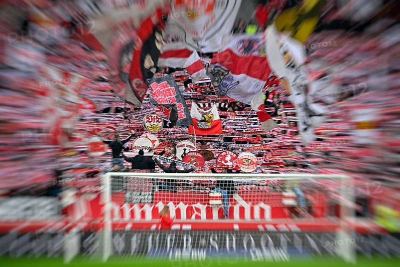 Fan block, fans, fan curve, flags, atmosphere, atmospheric Cannstatt curve VfB Stuttgart zoom effect explosion effect soccer Bundesliga, MHPArena, MHP Arena Stuttgart, Baden-Württemberg, Germany