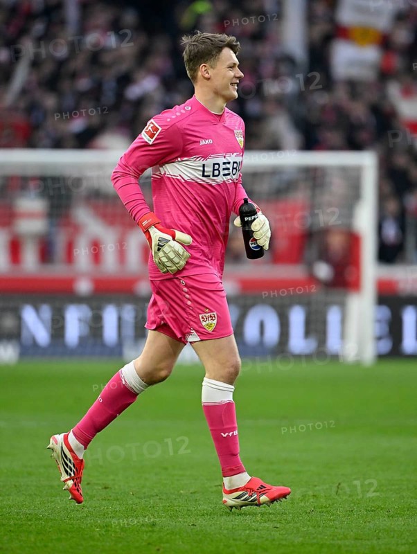 Goalkeeper Alexander Nuebel VfB Stuttgart (33) smiles Football Bundesliga, MHPArena, MHP Arena Stuttgart, Baden-Württemberg, Germany
