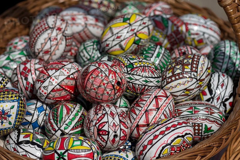 Colourfully painted eggs as a souvenir in front of Voronet Monastery, Buckovina, Romania