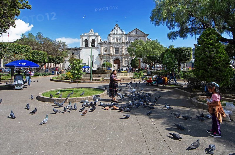 Parque Centroamérica or Parque Central, a Mayan woman in traditional clothing feeds pigeons, in the back the cathedral or Catedral del Espíritu Santo, Quetzaltenango or Xela, Quetzaltenango province, Guatemala