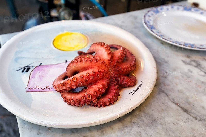 Octopus, octopus or pulpo, delicacy, painted plate, cooked, suction cups, Mediterranean cuisine, snack, market stand at weekly market market, Palermo, Italy