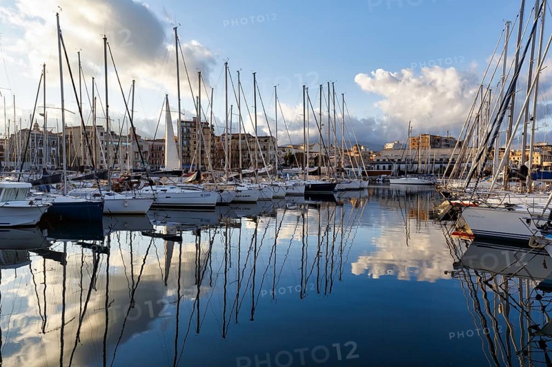 Sailing boats in marina, Marina La Cala in the evening light, Palermo, Sicily, Italy