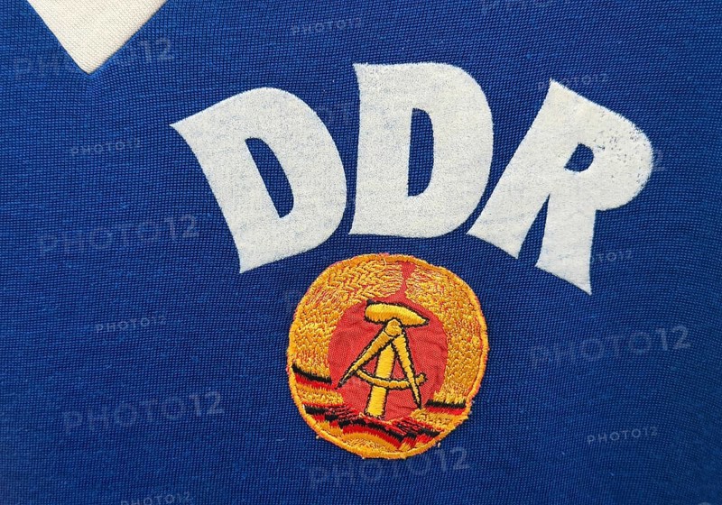 Original shirt of the GDR soccer team at the 1974 World Cup by Jürgen Sparwasser in Germany, detail, House of History, Bonn, North Rhine-Westphalia, Germany