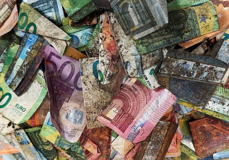 Banknotes destroyed and became worthless as a result of the flood disaster 2021, detail, House of History Bonn, North Rhine-Westphalia, Germany