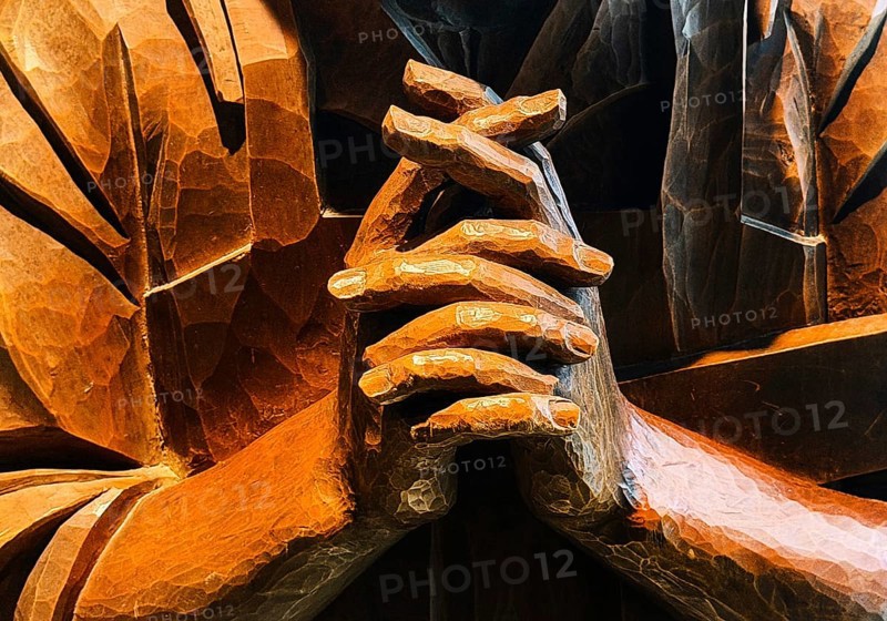 Wooden sculpture with praying hands of Saint Joseph from the Catholic church of the same name in Wolfsburg, detail, House of History, Bonn, Germany