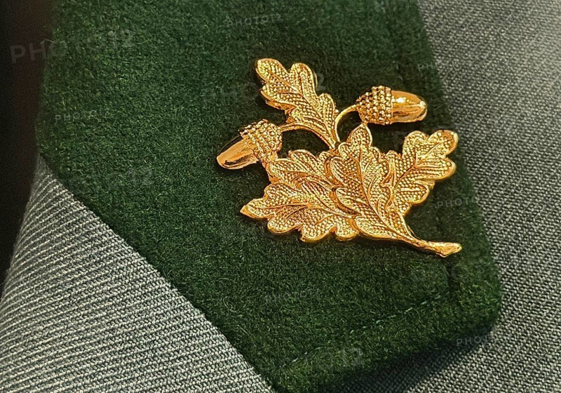Traditional uniform of the shooting guild Rapen with golden acorn leaf as hunter's badge, detail, House of History, Bonn, Germany