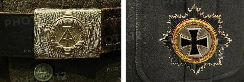 National People's Army uniform with GDR coat of arms and Bundeswehr uniform with the Iron Cross, detail, House of History, Bonn, Germany, pair of pictures, comparison