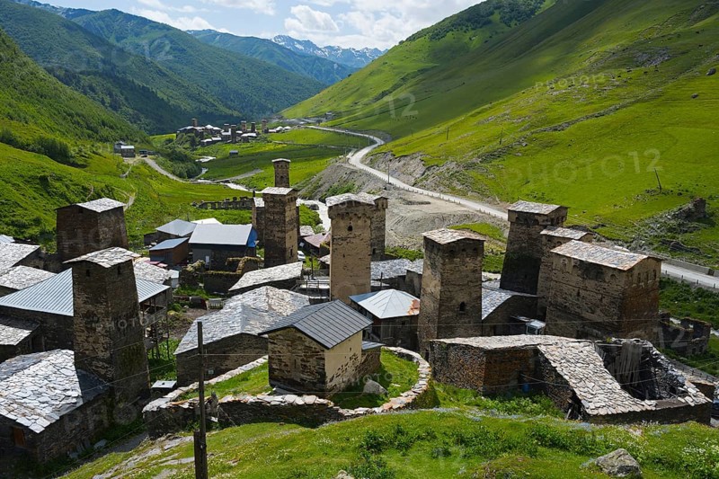 Historic village with many towers, located in a green mountain valley, defensive towers, Ushguli, Ushguli, Chazhashi district, Mingrelia region and Upper Svaneti, Svaneti, Georgia