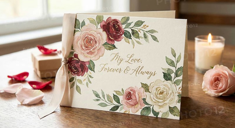 A vibrant Valentine's Day greetings card featuring wreath and elegant lettering to convey romance, warmth, and heartfelt affection, AI generated