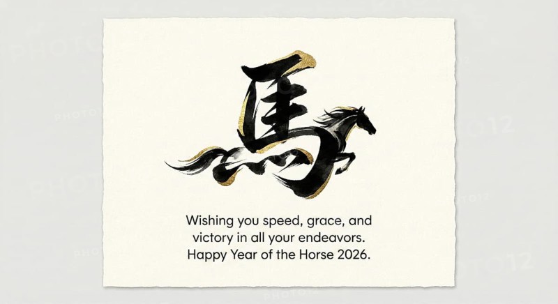 A minimal illustration of a fiery red horse racing through a traditional Chinese landscape, symbolising strength, energy, and good fortune for the Year of the Horse 2026 during the Lunar New Year celebration, AI generated