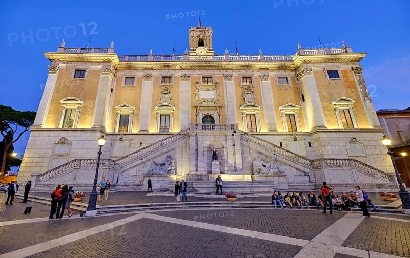 Illuminated Senatorial Palace (Palazzo Senatorio) at the blue hour, Piazza del Campidoglio on the Capitoline Hill, Capitoline Square, Rome, Lazio, Italy