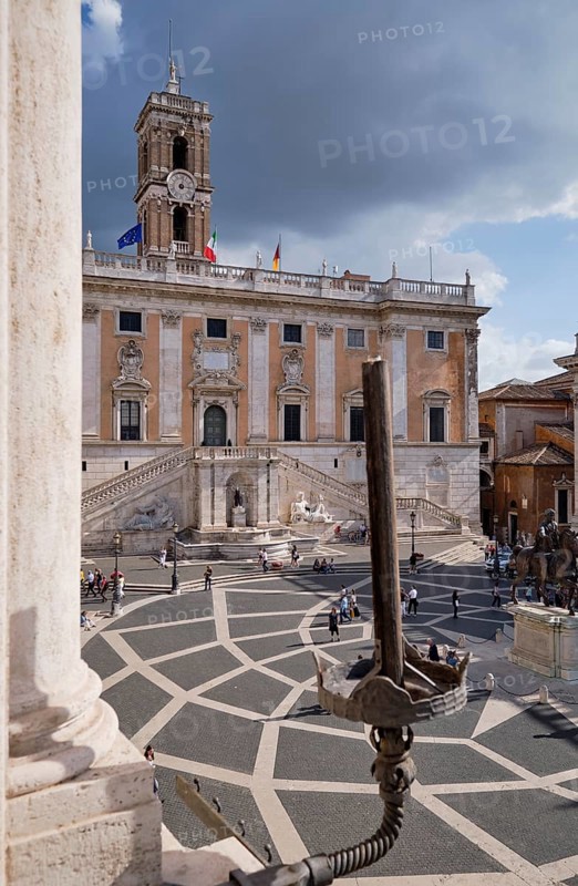 View from the Palazzo Nuovo to the Senatorial Palace (Palazzo Senatorio), Piazza del Campidoglio on the Capitoline Hill, Capitoline Square, Rome, Lazio, Italy