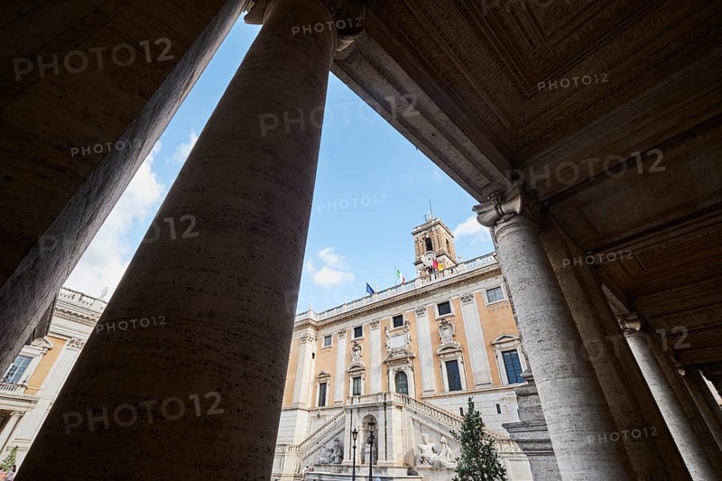 View from the Palace of the Conservators (Palazzo dei Conservatori) to the Senatorial Palace (Palazzo Senatorio), Piazza del Campidoglio on the Capitoline Hill, Capitoline Square, Rome, Lazio, Italy
