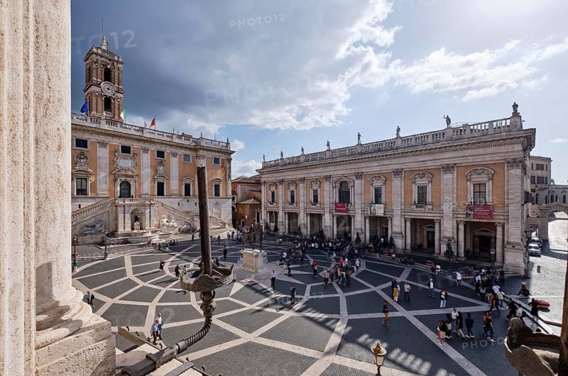 View from Palazzo Nuovo to equestrian statue of Marcus Aurelius in front of Palazzo Senatorio, Palazzo dei Conservatori on Piazza del Campidoglio on the Capitoline Hill, Capitoline Square, Rome, Lazio, Italy