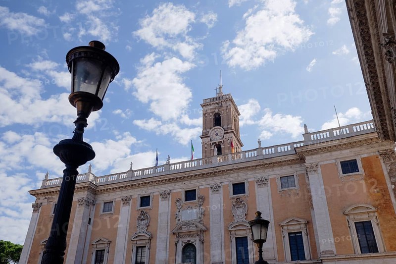Senatorial Palace (Palazzo Senatorio) and lanterns in the foreground, Piazza del Campidoglio on the Capitoline Hill, Capitoline Square, Rome, Lazio, Italy
