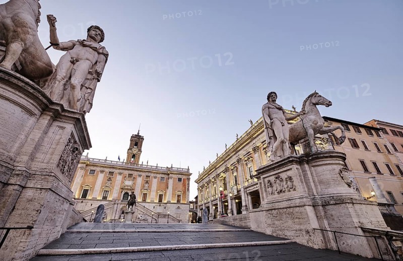 Staircase leading to the Capitoline Square, Statues of the Dioscuri Castor and Pollux, Piazza di Campidoglio on the Capitoline Hill, Palazzo Senatorio, Palazzo dei Conservatori, Rome, Lazio, Italy