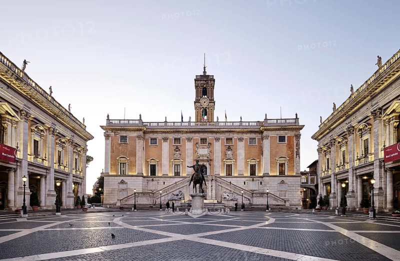 Palazzo Nuovo, Senators' Palace (Palazzo Senatorio), Conservators' Palace (Palazzo dei Conservatori) in front of sunrise, Piazza del Campidoglio on the Capitoline Hill, Capitoline Square, Rome, Lazio, Italy