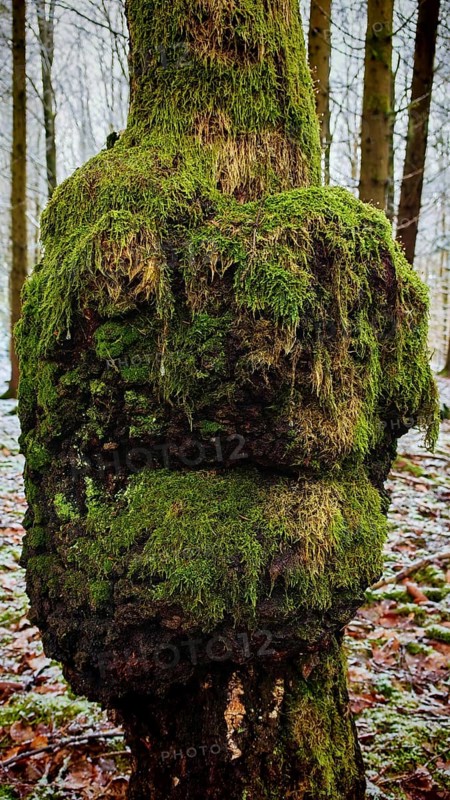 Tree covered in moss in a snow-covered forest, conveys peace and naturalness, forest spirit, face, Rennsteig, Frankenwald nature park Park