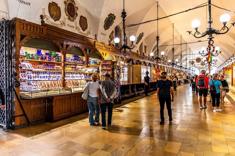 Rynek with Cloth Hall, interior shops, from 13th century, Main Market Square, landmark of the city, Krakow, Poland