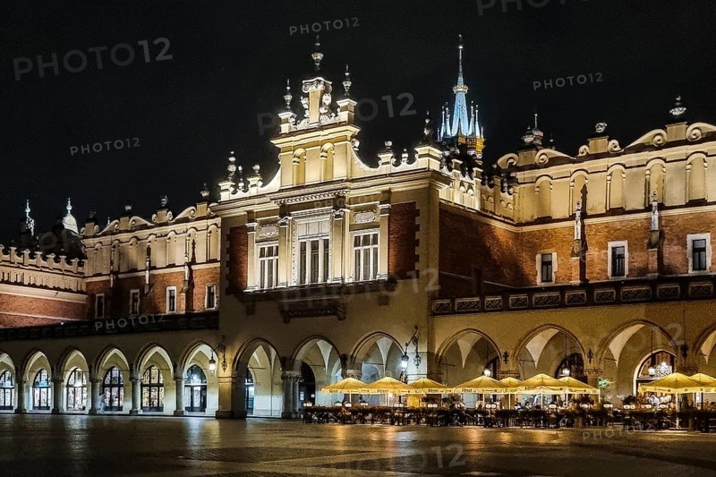 Night view of Rynek with Cloth Hall, from 13th century, Main Market Square, city landmark, Krakow, Poland
