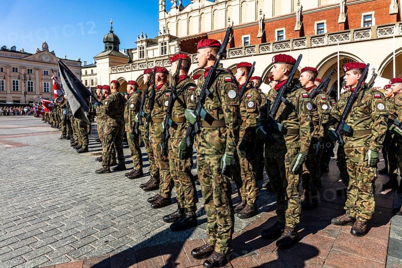 Polish National Military Festival, Rynek with Cloth Hall, from 13th century, Main Market Square, city landmark, Krakow, Poland