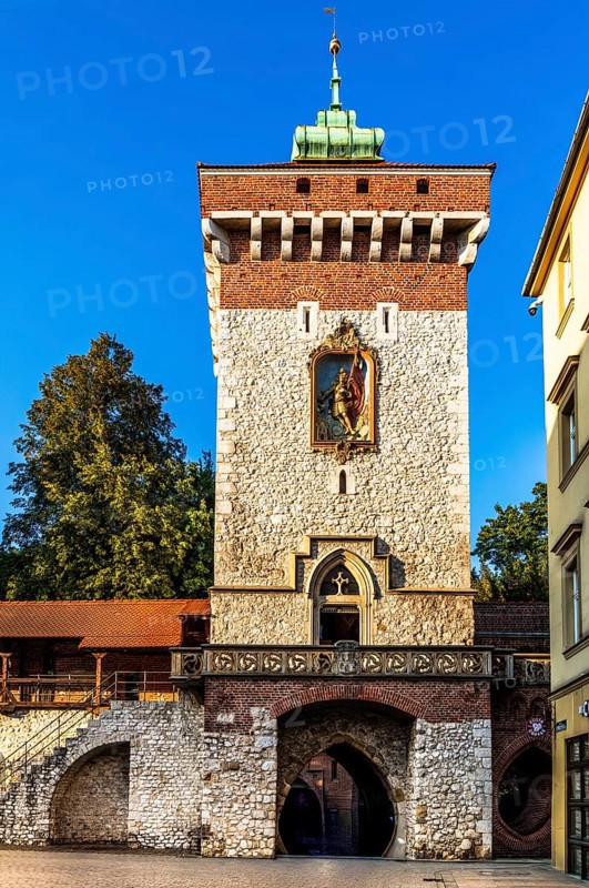 Florian's Gate with city wall and defensive towers, Krakow, Poland