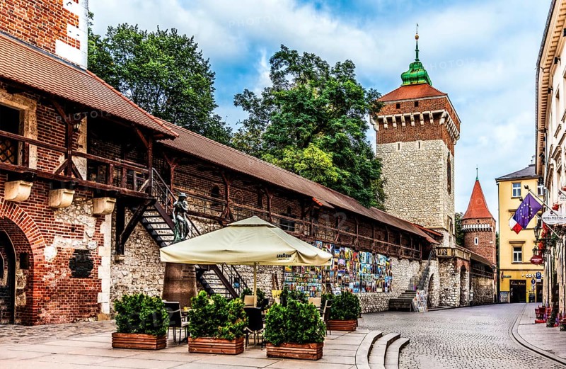 Florian's Gate with city wall and defensive towers, Krakow, Poland