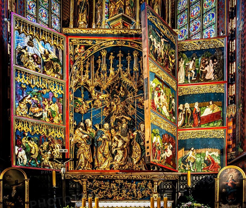 High altar, Veit Stoss, opened altarpiece, St. Mary's Church, 1489, Krakow, Poland