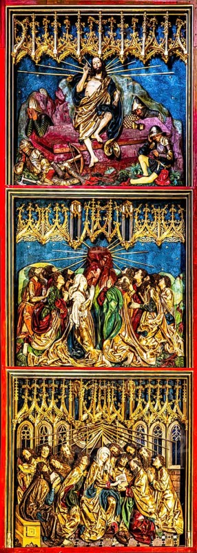 Right wing, Resurrection of Christ, Ascension of Christ, outpouring of the Holy Spirit, high altar, Veit Stoß, opened altarpiece, St. Mary's Church, 1489, Krakow, Poland