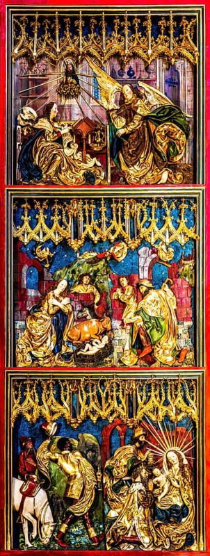 Left wing, Annunciation, Nativity, Adoration of the Magi, high altar, Veit Stoß, opened altarpiece, St. Mary's Church, 1489, Krakow, Poland